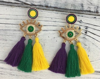 Mardi Gras Eye Tassel Earrings Carnival Parade Nola Louisiana Fat Tuesday