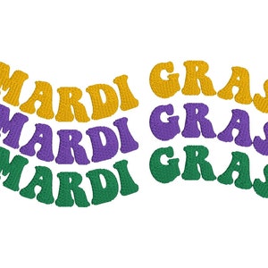 May include: Three stacked rows of the words "Mardi Gras" in yellow, purple, and green. The words are in a stylized font and are slightly curved.