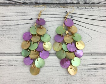 Pastel Mardi Gras Disc Shell Earrings Carnival Parade Nola Louisiana Fat Tuesday
