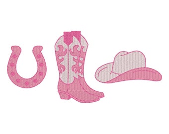 May include: Pink cowboy boot, horseshoe and cowboy hat embroidery design.