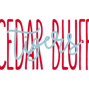 Puede incluir: Texto rojo que dice "CEDAR BLUFF" con una superposición de texto cursivo azul que dice "Tigers".