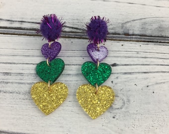 Mardi Gras Glitter Heart Earrings Carnival Parade Nola Louisiana Fat Tuesday