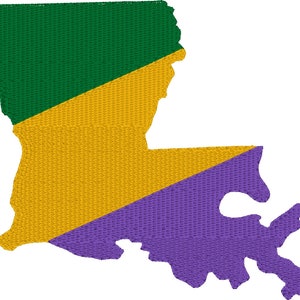 May include: An outline of the state of Louisiana in the colours of Mardi Gras: purple, gold, and green.