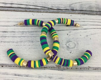 Mardi Gras FIMO Hoop Earrings Carnival Parade Nola Louisiana Fat Tuesday