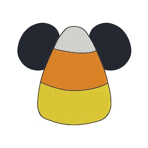 May include: A candy corn with black ears, resembling Mickey Mouse, with a white, orange, and yellow design.