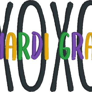 May include: A Mardi Gras themed design with the text "XOXO Mardi Gras" in purple, green, and gold lettering. The letters are surrounded by black "X" and "O" shapes. There are also three hearts in the colors of Mardi Gras.