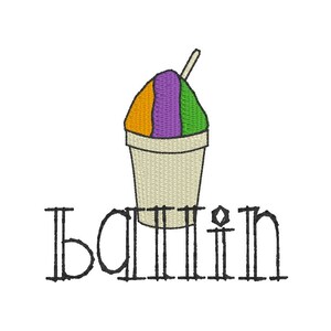 May include: A colorful shaved ice treat in a paper cup with a straw, with the word "bailin" written below.
