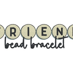 May include: A bead bracelet with the word "FRIEND" spelled out in black letters on beige round beads. A pink heart bead is on the left and a blue star bead is on the right. The text "bead bracelet" is written below the beads.