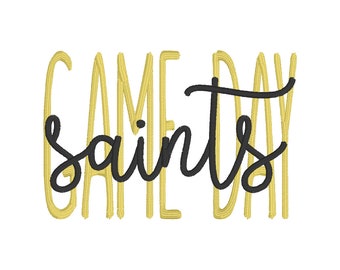 May include: Game Day Saints text in black script font with a gold outline. The text is stylized with a thick, textured outline.