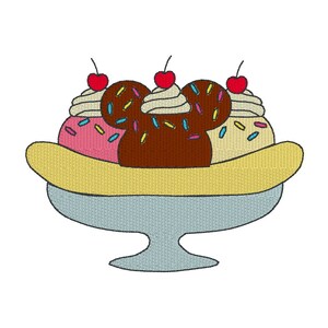 May include: A banana split with three scoops of ice cream, chocolate, vanilla, and strawberry, topped with cherries and sprinkles, served in a glass dish.