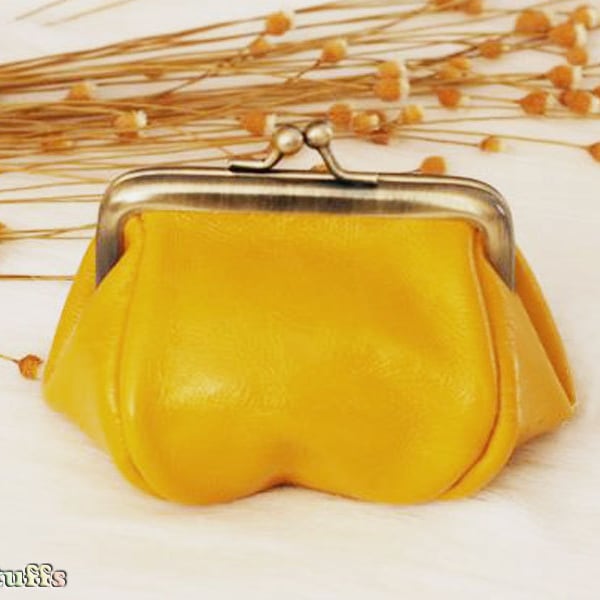 Leather Coin Purse - Yellow Leather Metal Frame Purse - Jewelry Pouch (FP91-7Y)