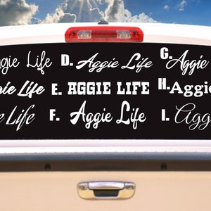 May include: A white pickup truck with a black rear window. The window has a decal with the text "Aggie Life" repeated nine times in different fonts and styles.