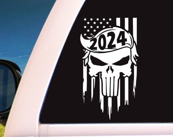 Trump 2024 Punisher Skull and American Flag Hardhat Vehicle Car Truck Laptop Window Decal/Sticker, choose a size & color B2G1