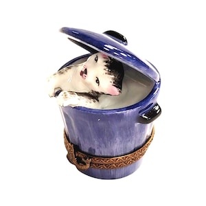 Cat in Blue Trashcan Limoges Box Porcelain Figurine