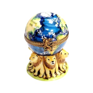 Lions under World Globe Limoges Box Porcelain Figurine
