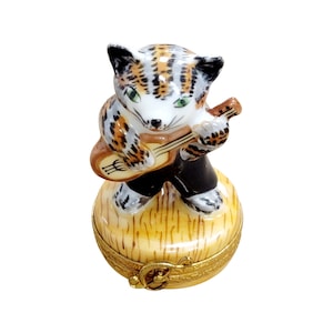 Cat Playing Guitar Limoges Box Porcelain Figurine