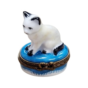 Mini White Siamese Cat Limoges Box Porcelain Figurine