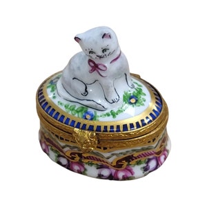 Cat on Sevre Roses Base Limoges Box Porcelain Figurine