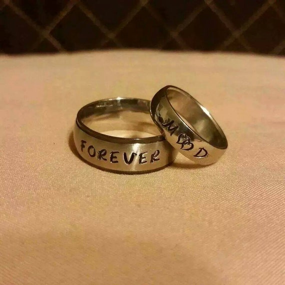 Set Of 2 Personalized Couple Silver Hand Stamped Name Rings Etsy