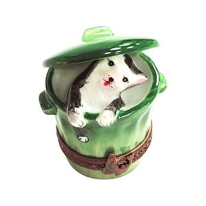 Cat in Green Trashcan Limoges Box Porcelain Figurine