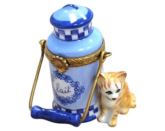 Cat w Milk Jug Limoges Box Porcelain Figurine