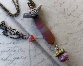 Deep Red Lampwork Pendant Little Bird Fall Pendant Necklace
