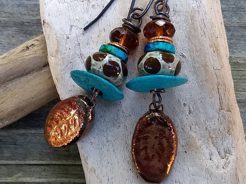 Copper Brown and Turquoise Earrings Copper Raku Leaves With Polka Dot Beads Earrings