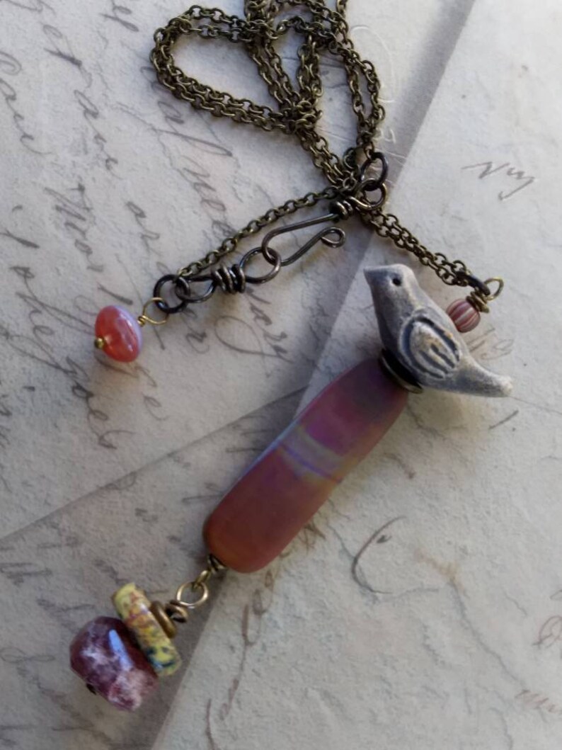 Deep Red Lampwork Pendant Little Bird Fall Pendant Necklace