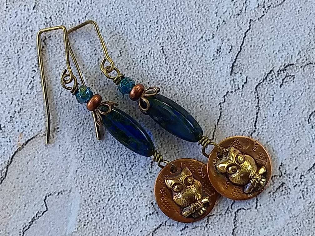 Hoot Owl Brass and Copper Dangle Earrings, Blue Earrings