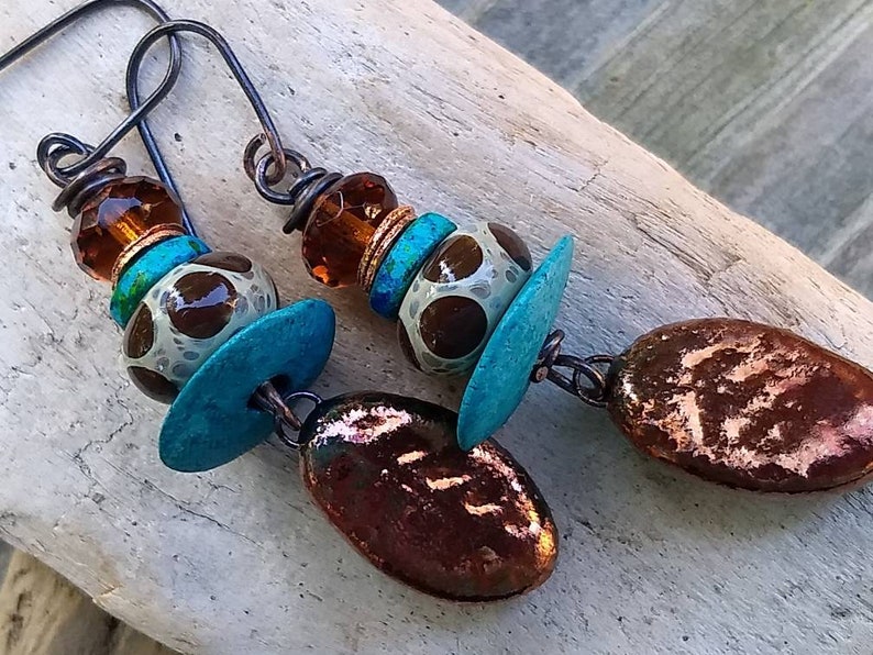Copper Brown and Turquoise Earrings Copper Raku Leaves With Polka Dot Beads Earrings