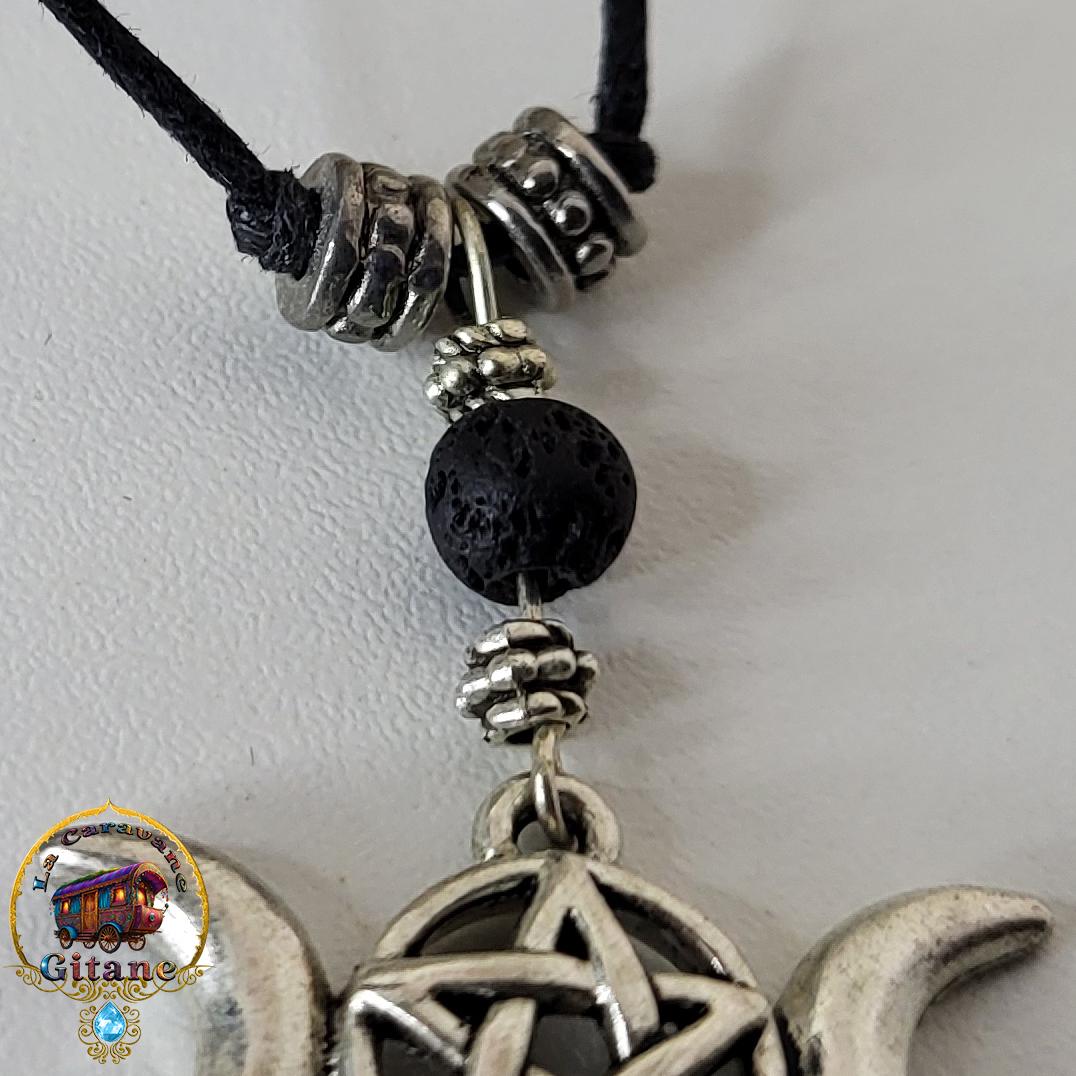 Collier Wicca Pentacle Et Lune - Version Noire - Neuf Sans Emballage