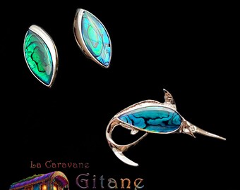 Swordfish Brooch and Abalone Mother-of-Pearl Earrings Set