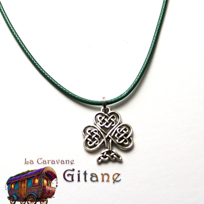 Green leaf necklace and Celtic clover pendant image 4