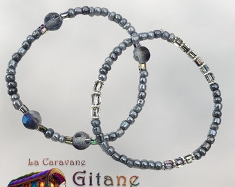 2 Bracelets with bluish gray and rainbow beads