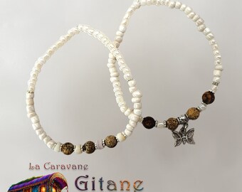 2 Bracelets couleurs Ivoire, Jaspe Paysage et Papillon