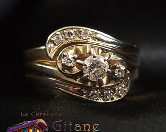 Bague vintage or blanc et jaune 10k, diamants tailles mixtes