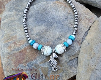 Antique silver bracelet, Amazonite and seahorse