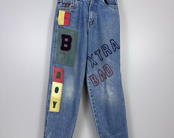Vintage Bugle Boy Jeans Jongens Maat 12 R Xtra Bad Patches Borduurwerk Gouden Medaille