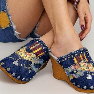 Y2K Bumper BP Denim Patchwork Clog Heels Studded Platform Mules Boho Fairycore 6