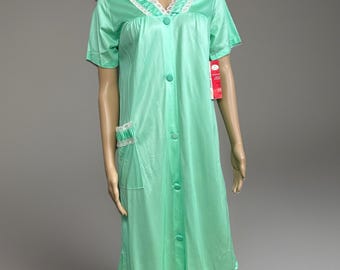 Camisón vintage de tricot de satén verde, talla M, Eiderlon Julie Girl, nuevo, con botones de encaje en la parte delantera.