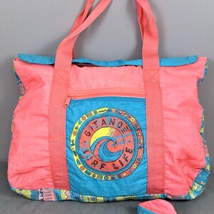 Vintage 80s Neon Beach Tote Bag Surf Miami Vice Tropical Cooler Gitano Set