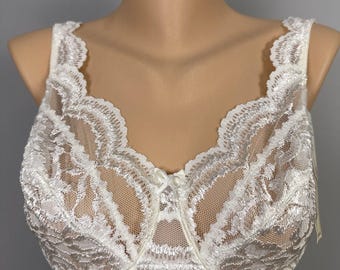 Reggiseno Vintage New Delicates 34D in pizzo avorio trasparente senza fodera, rete a pois, USA 3157