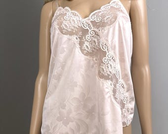 Vintage JCPenney Intimate Thoughts Camisole Size Large Wide Sheer Lace Pink Cami