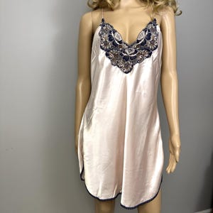 Vintage Val Mode Light Pink Satin Blue Lace Full Slip Chemise Size Large Nighty