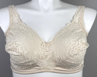 Vintage Sears Bra Size 42C Unlined Lace Semi-Sheer Cream Nylon Wireless 54325