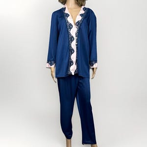 Vintage Undercover Wear Pajama Set Large Blue Pink Nylon Pants Long Sleeve Top