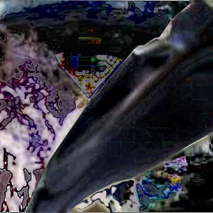 May include: Abstract digital art with a dark blue, black, and purple color scheme. The image features a swirling, textured pattern with a hint of a human eye.
