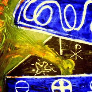 May include: Abstract painting featuring a yellow and green figure on the left, a blue and white background, and a black and white cross in the centre. The painting has a religious theme.
