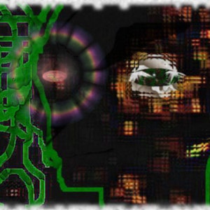 Könnte beinhalten: Abstrakte digitale Kunst mit grünem und schwarzem Hintergrund. Das Bild zeigt ein großes, farbenfrohes Auge mit grüner Iris und schwarzer Pupille. Das Auge ist von einem wirbelnden, psychedelischen Muster umgeben.