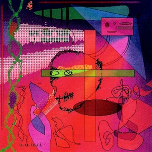 Puede incluir: Arte digital abstracto con un esquema de color rojo, verde y morado. La imagen presenta una cara estilizada con una línea verde sobre los ojos y un fondo rojo. El texto "a.a. in.ri." es visible en la esquina inferior izquierda.